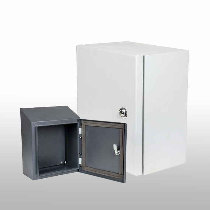 Two sheet metal electrical enclosures, one large closed and one smaller with an open hinged door.