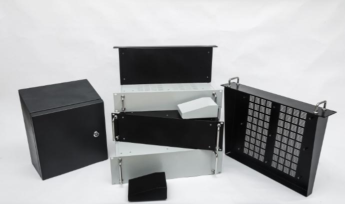 Various sheet metal enclosures including rack mount, wall mount, and custom fabricated designs.
