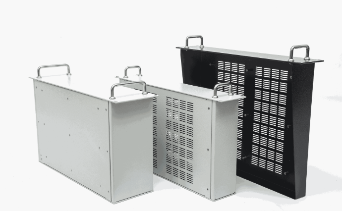 Rack mount sheet metal enclosures with ventilation slots and carrying handles.