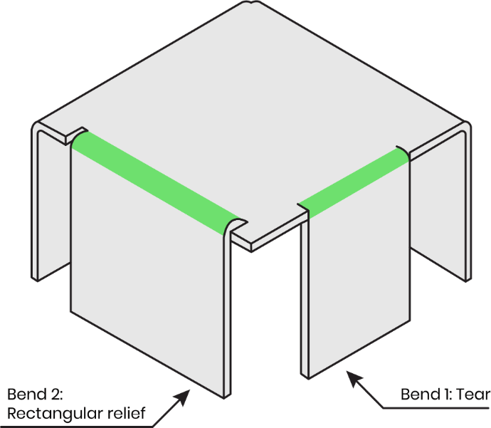 Sheet metal design showing bend relief cuts to avoid tearing at bend intersections.